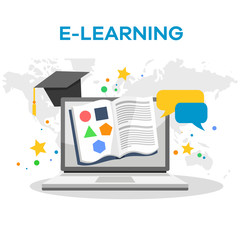 Vector illustration of online learning. Suitable for promotion of E-Learning services, distance teaching, and learning web backgrounds. Internet technology in the world of education.