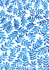 Fototapeta premium Blue and purple tropical fern watercolor hand painting background.