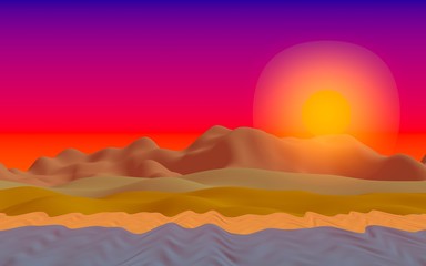 Sun Sea Beach. Sunrise. Ocean shore line with waves on a beach. Island beach paradise with waves. Vacation, summer, relaxation. Seascape, seashore. Minimalist landscape, primitivism. 3D illustration