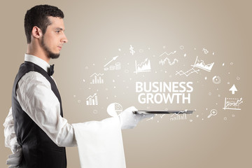 Waiter serving business idea concept with BUSINESS GROWTH inscription