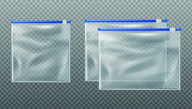 vector blue zip slider transparent bags. Empty mockup pouches in different sizes on transparent background.