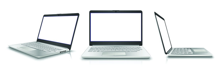  vector collection of laptop in side, front and 3/4 view. Isolated on white background. Perfect for your advertisement.