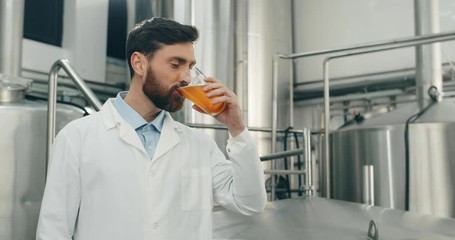 Handsome male brewery worker drinking freshly made beer in glass and cheering. Handsome man in white coat trying beverage and looking to camera while standing at modern brewery