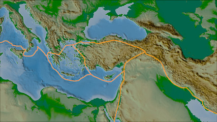 Neighborhoods of Anatolian plate. Colored elevation