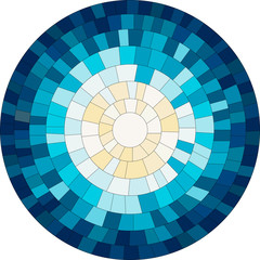 vector illustration, abstract round mosaic of small elements, forming the sun and sky, in blue and yellow. For backgrounds, logos, prints, patterns and design.