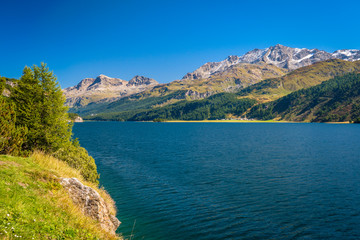 Fototapeta premium Clear morning at Lake Sils (Silsersee), in the Upper Engadine Valley (Graubünden, Switzerland). It lies between Lake Silvaplana and the Maloja Pass and is well known for its beauty
