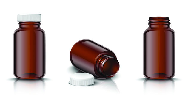  vector mock up set of medicine bottles in brown glass with white cap. Isolated icon illustration on white background.