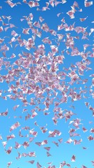 Flying euro banknotes against the sky background. Money is flying in the air. 500 EURO in color. 3D illustration