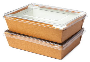 Craft package food box with transparent cover on white background close up
