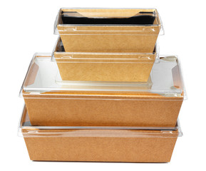 Craft package food box with transparent cover on white background close up