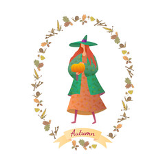 Cartoon vector illustration of Autumn fairy in frame from snail, leaf, branch. Tender girl holds a pumpkin.