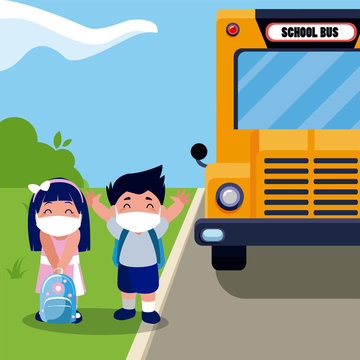 Girl and boy kid cartoon with masks and school bags and bus vector design