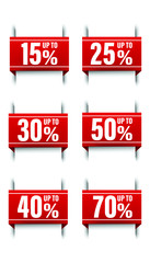 Big vector collection of icon illustrations of red ribbon banners, sale bookmark of up to 50, 15, 25, 30, 40, 70 percent off.