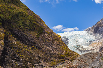 Panorama of Franz Joseph Glacier. Stones and Ice.  South Island, New Zealand