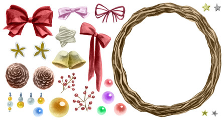 Watercolor drawing, Flowers and Leaves, Christmas wreath materials