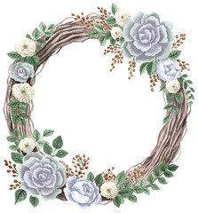 Watercolor drawing, Flowers and Leaves, Christmas wreath