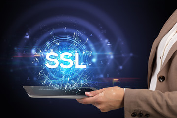 Close-up of a touchscreen with SSL abbreviation, modern technology concept