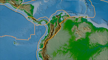 Neighborhoods of North Andes plate. Colored elevation