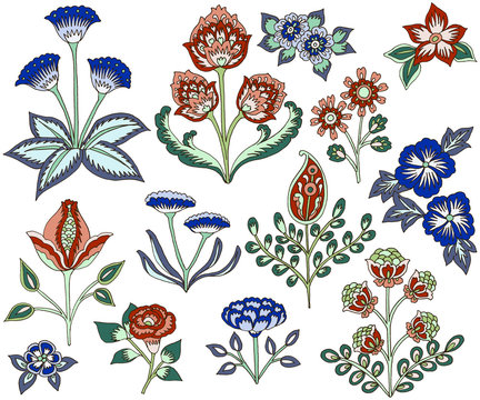 Hand-drawn flowers and leaves, Paisley Style, white background