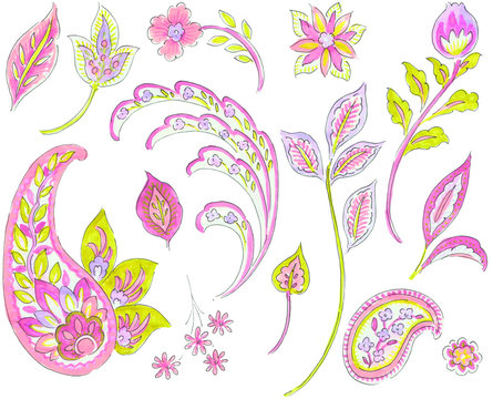 Hand-drawn Paisley Style, flowers and leaves, Watercolor, on White background