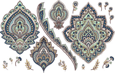 Hand-drawn flowers and leaves, Paisley Style, white background