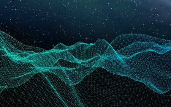Abstract landscape on a dark background. Cyberspace grid. hi tech network. Outer space. Starry outer space texture. 3D illustration © Plastic man