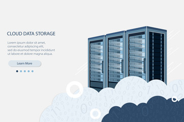 Cloud computing illustration. Data storage device,media server. Web hosting and cloud technology. Data protection,database security. Backup,copy,migrate data between cloud storage services.