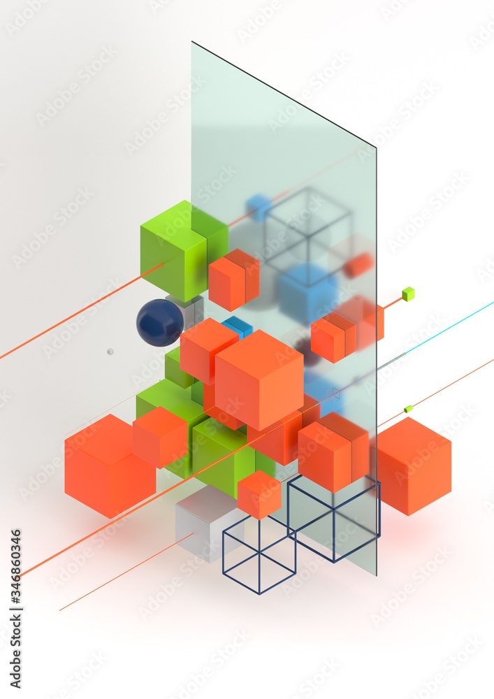 Fototapete abstract 3d render visualization background, template modern composition of geometric shapes in isom