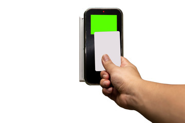 Close up of the hand with key card are scanning for enter digital security door system isolte on white background with green screen and clipping path.