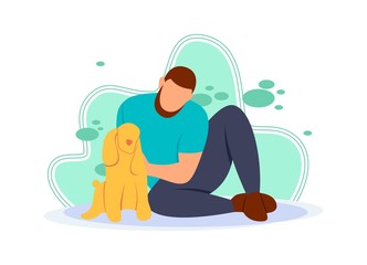Flat vector illustration of a man sitting happily petting his dog. Activities carried out during quarantine at home. Stay at home and take care of your health.