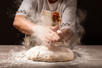 old woman, grandmother hands with flour splash. Cooking bread. Kneading the Dough. menu recipe...