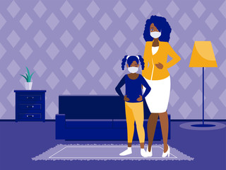Mother and daughter with masks at home vector design