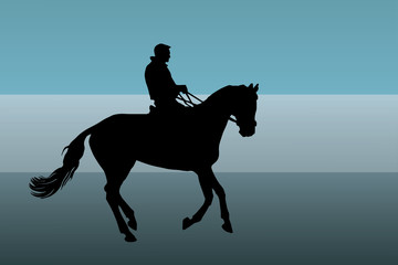 athlete man on a horse, galloping isolated black silhouette on a colored background