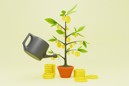 Can watering money coins tree.Business growth concept.3d render.