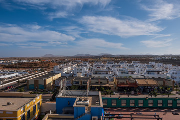 Town of Corralejo, Fuerteventura, Canary Islands, Spain, Europe. Top view from shopping center. October 2019