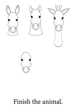 Coloring page. Preparation for the children's educational book. Complete the drawing. Drawing exercises for kids. Black and white cartoon horse, donkey and giraffe with a drawing for drawing. 