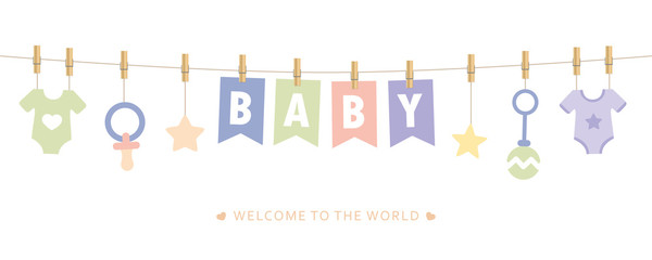 baby shower welcome greeting card for childbirth with hanging utensils vector illustration EPS10 - obrazy, fototapety, plakaty