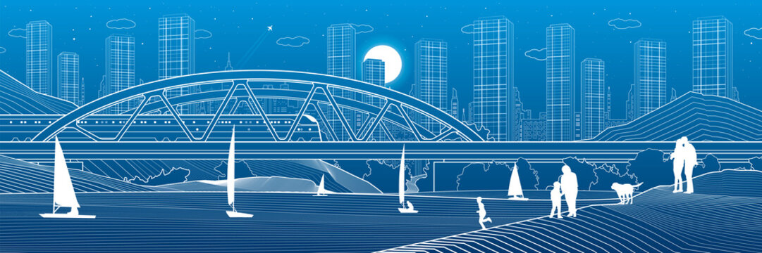 Railway bridge over the river. Train rides. Sailing boats on the water. people at shore. Outline urban illustration. Evening city scene. Town cityscape. White lines on blue background. Vector design