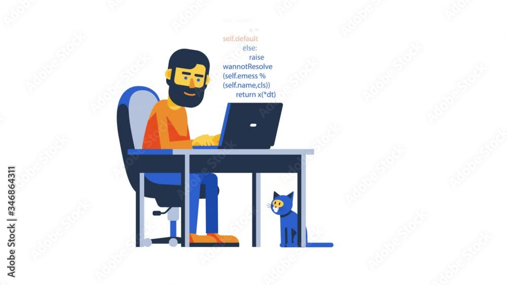 Wall mural programmer with laptop remotely working. bearded coder freelancer work home. looped animation with a