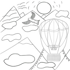 Air balloon in mountains across clouds, sun, and birds. Coloring book. Traveling. Transport. relaxing drawing