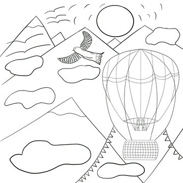 Air balloon in mountains across clouds, sun, and birds. Coloring book. Traveling. Transport. relaxing drawing