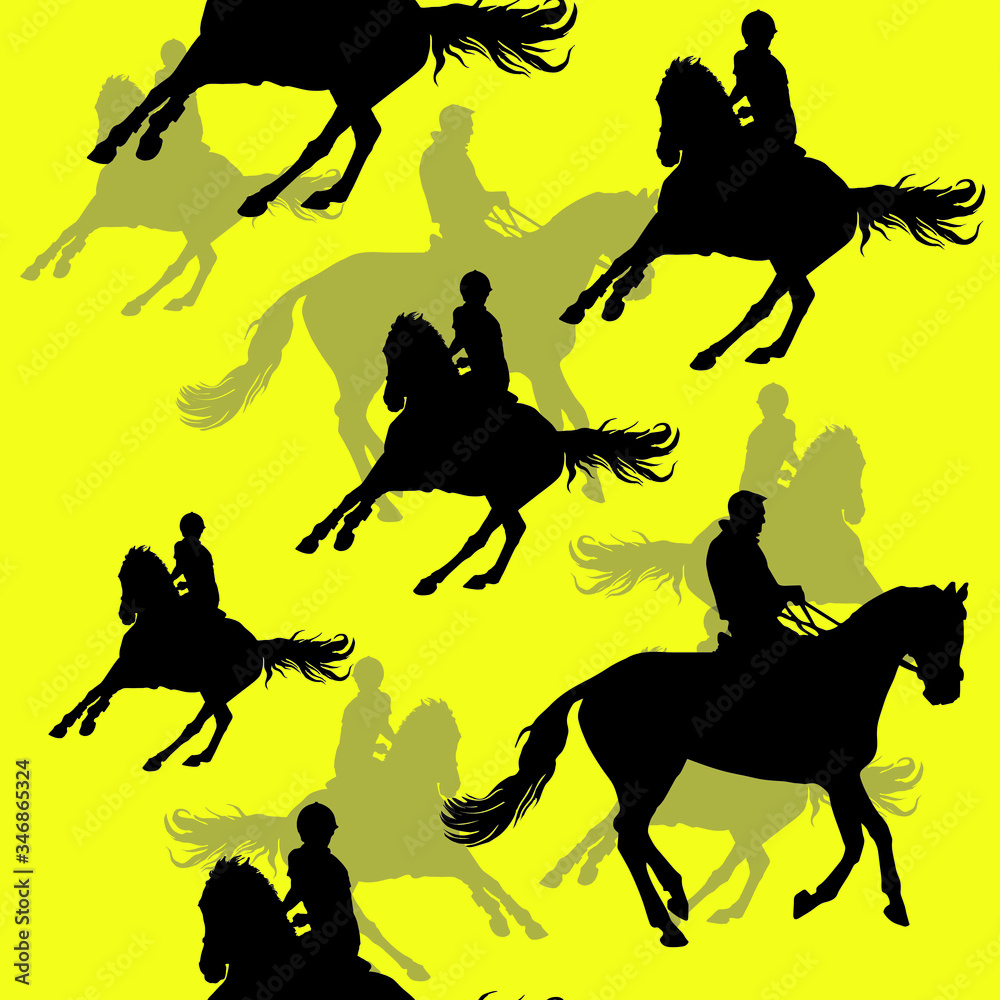 Wall mural silhouettes of sports horses and riders isolated on a yellow seamless background, pattern for decora