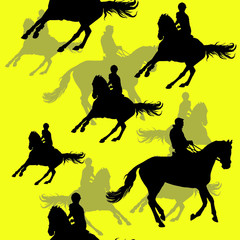 silhouettes of sports horses and riders isolated on a yellow seamless background, pattern for decoration, Equestrian sports, show jumping 