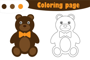 Toy bear in cartoon style, coloring page, education paper game for the development of children, kids preschool activity, printable worksheet, vector illustration