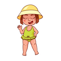 simple flat illustration of a girl in a green swimsuit. Doodle sketch of a child 