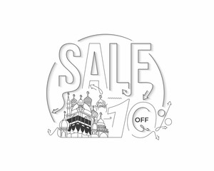 10% OFF Sale Discount Banner. Eid Mubarak celebration- Mosque. Sale banner, scroll,  sticker, badge, price tag, poster. Vector illustration.