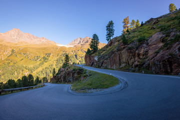 Evening in the gorgeous Kauner Valley (Tyrol, Austria). The Kauner Valley Glacier Road.is known as one of the most beautiful mountain roads in the world and is very popular with tourists.