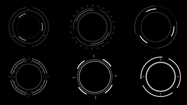 PNG Alpha. Six HUD circle elements 10 sec looping animation..HUD technological futuristic templare.Good as animated texture for 3D material.