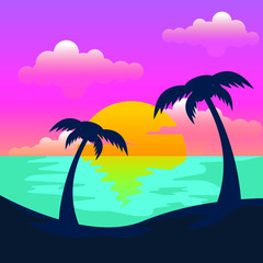 Beautiful sunset beach landscape with cloud and palm trees, vector illustration 