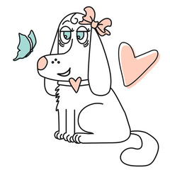 Cute, playful white dog girl with butterfly and heart.